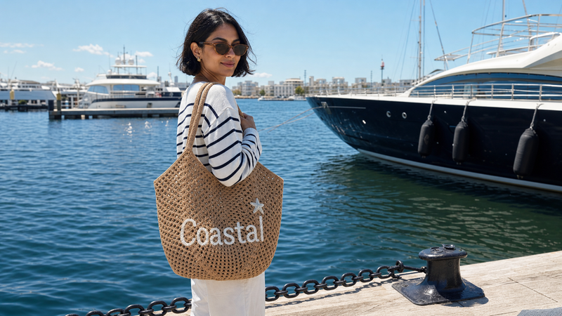 Woman carrying a personalized straw tote with custom name Coastal beside a marina