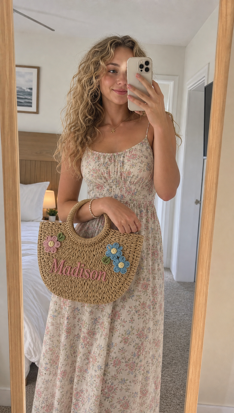 Woman carrying a personalized straw tote with custom name Madison in a mirror selfie