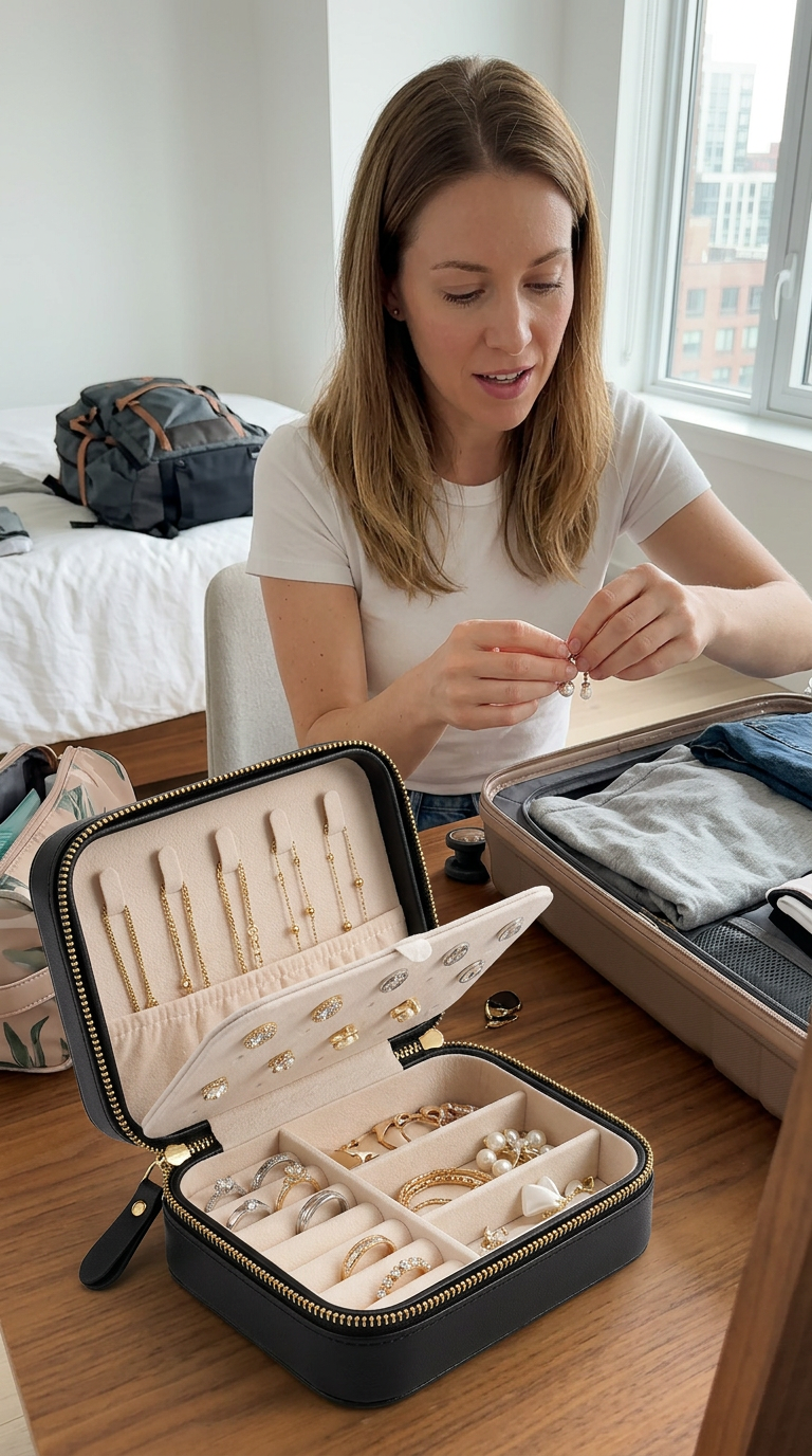 Open personalized travel jewelry case with custom compartments for jewelry and accessories