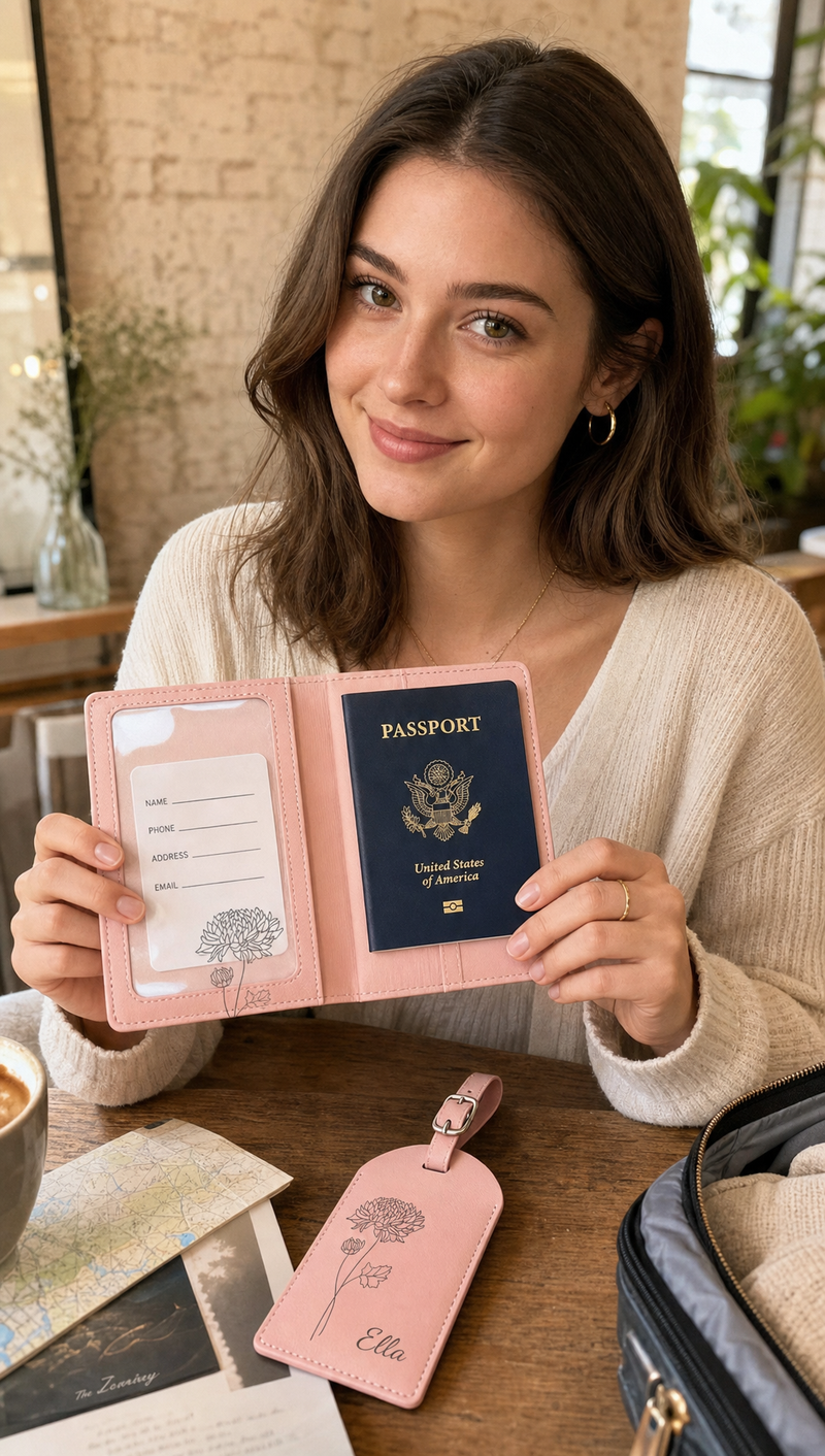 Personalized pink travel accessories and passport holder arranged for a trip