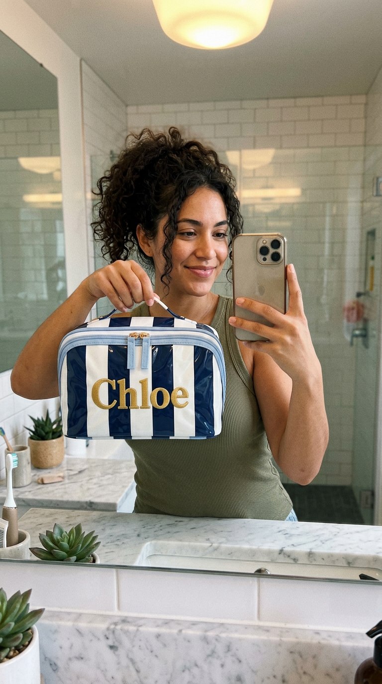 Woman holding a personalized waterproof striped makeup bag with custom name Chloe in a bathroom mirror selfie
