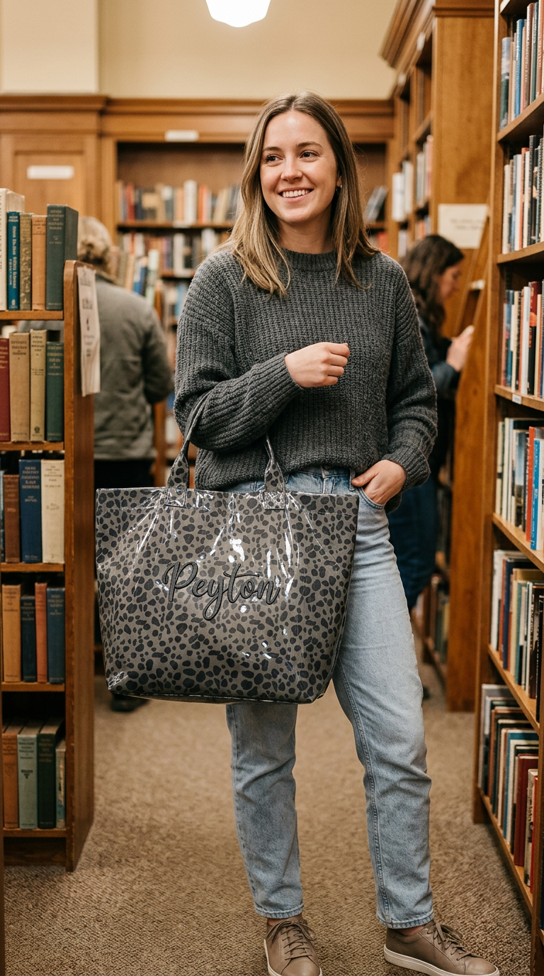 Woman carrying a personalized patterned tote with custom name in a bookstore