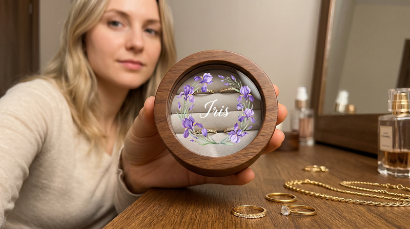 Woman holding a personalized round woolut jewelry box featuring a name and flower