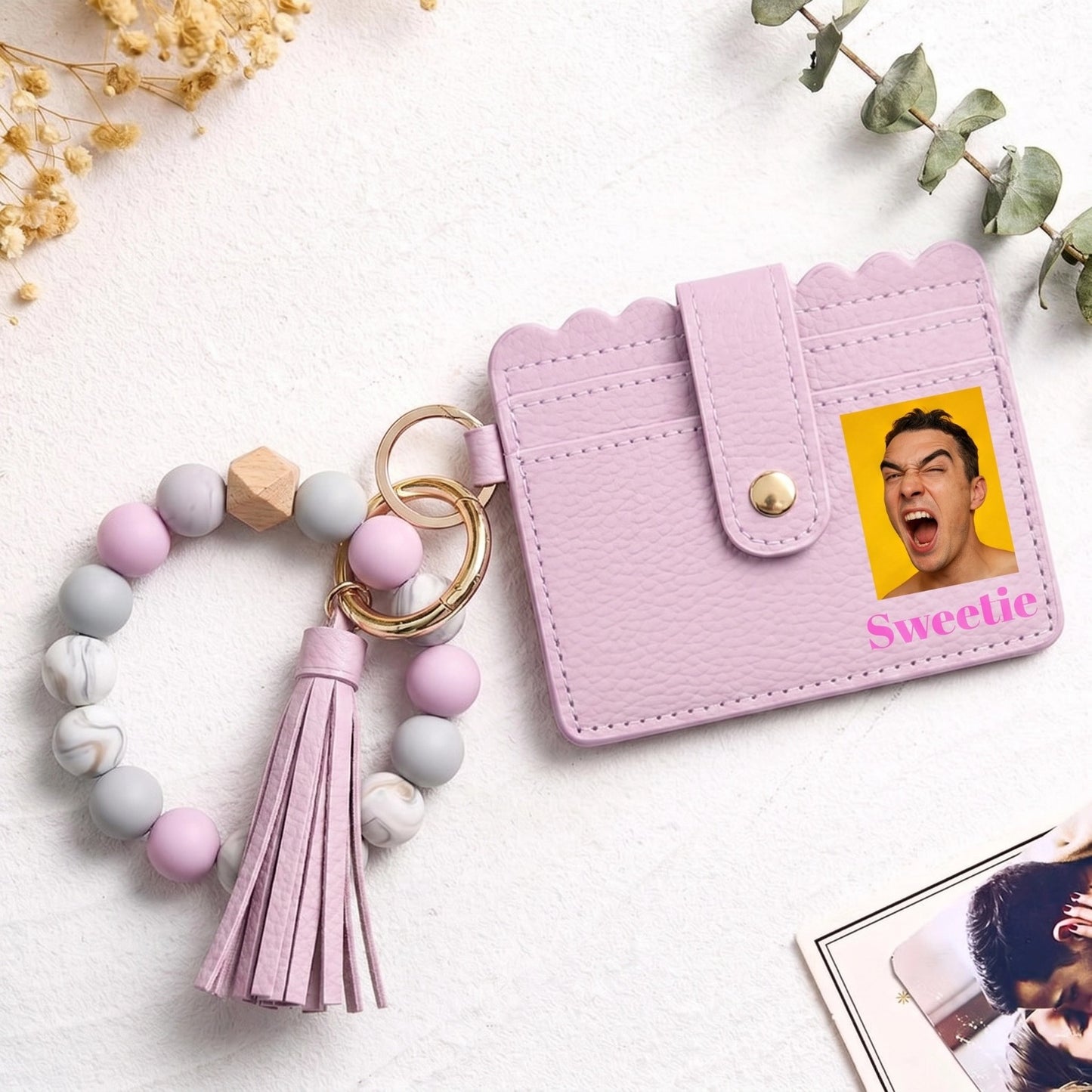 Personalized Card Holder Keychain: Image & Birth Flower Gift