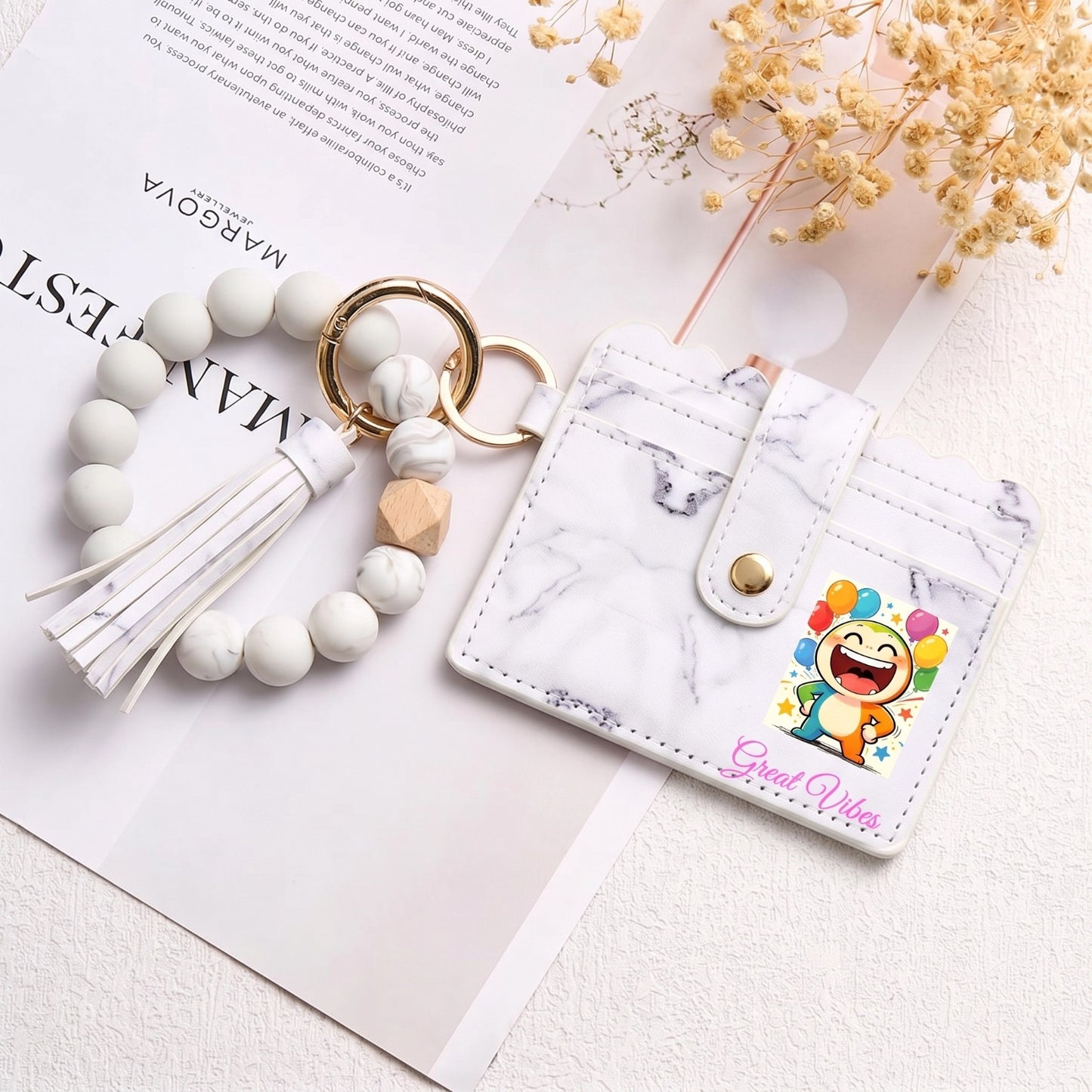 Personalized Card Holder Keychain: Image & Birth Flower Gift