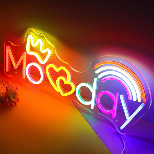 Momday Mother’s Day Neon Sign - Handmade Rainbow Hearts & Crown LED Night Light